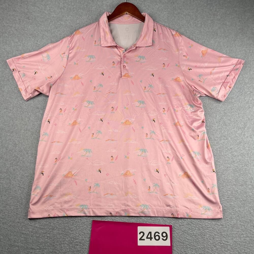 Performance Golf Toucan Hula Girl Print Polo Shirt Mens XL Pink Stretch Casual